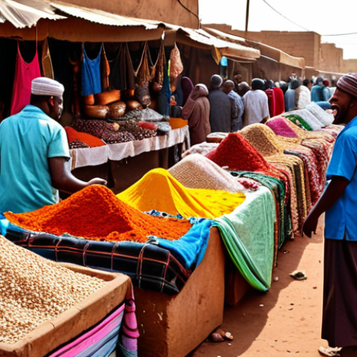 Home 11 A bustling Sudanese marketplace filled with colorful textiles, spices, and street food vendors, capturing the vibrant energy and cultural richness of the scene with people bargaining and laughing.