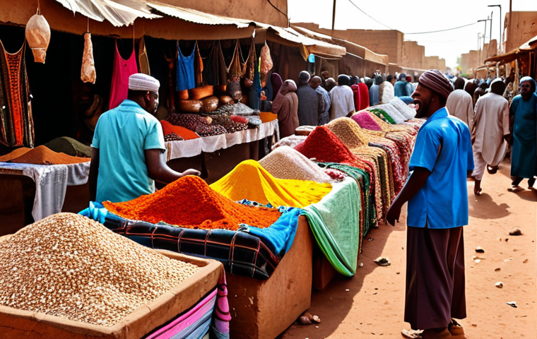 A bustling Sudanese marketplace filled with colorful textiles, spices, and street food vendors, capturing the vibrant energy and cultural richness of the scene with people bargaining and laughing.
