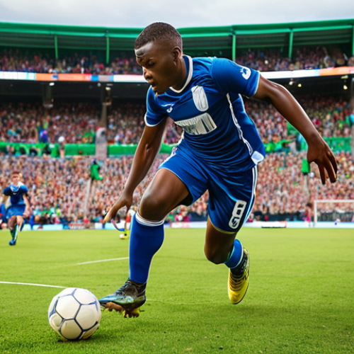 Home 6 A dynamic football player exhibiting lightning-fast dribbling skills and unpredictable tempo control on a vibrant green pitch. He is effortlessly leaving bewildered defenders behind with an explosive burst of acceleration, the ball seemingly glued to his feet. Focus on the fluid motion, the player's intense concentration, and the intricate ball control in a high-pressure situation. High-resolution, action shot, professional sports photography, dynamic stadium lighting, realistic.
