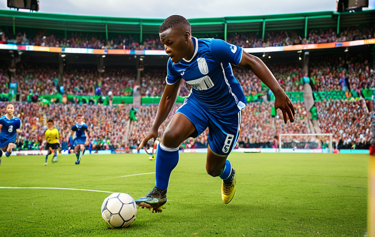 A dynamic football player exhibiting lightning-fast dribbling skills and unpredictable tempo control on a vibrant green pitch. He is effortlessly leaving bewildered defenders behind with an explosive burst of acceleration, the ball seemingly glued to his feet. Focus on the fluid motion, the player's intense concentration, and the intricate ball control in a high-pressure situation. High-resolution, action shot, professional sports photography, dynamic stadium lighting, realistic.
